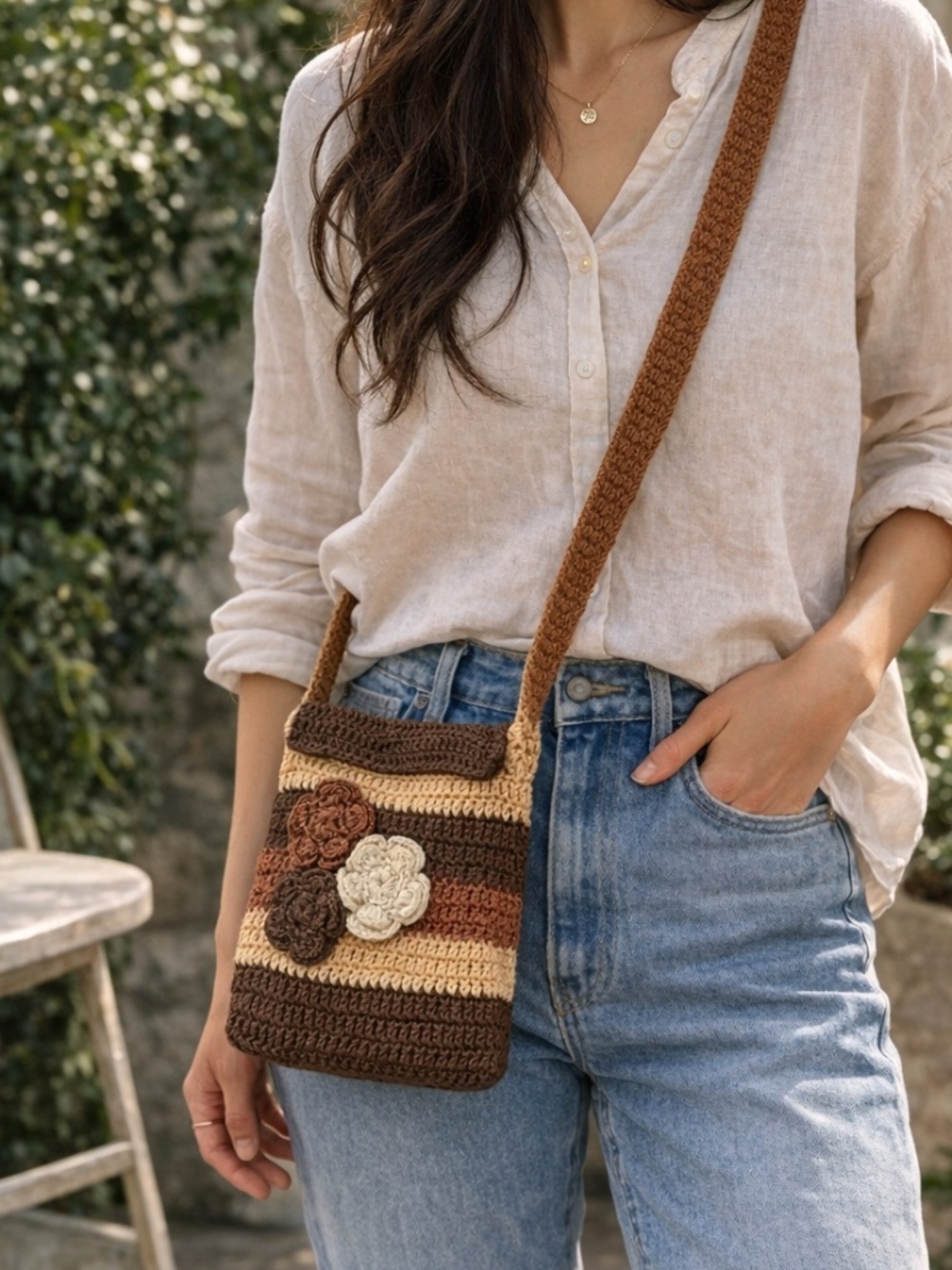 Cottagecore Handmade Crochet Purse Floral Appliqué Knit Crossbody Stripped‎